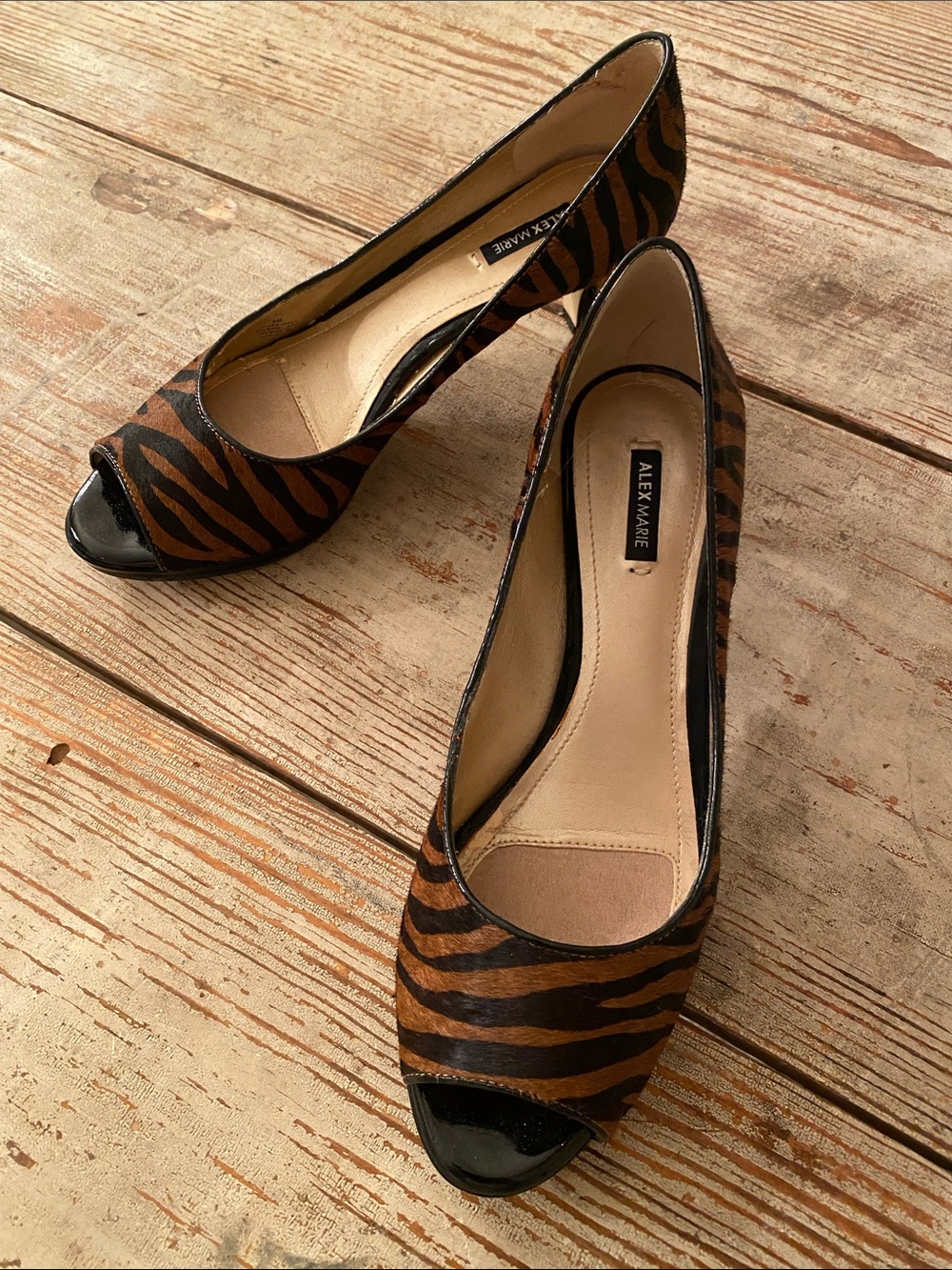 Alex Marie Tiger-Stripe Peep Toe Pumps in Brown and Black
